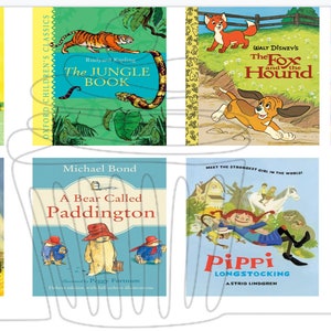 Op de afbeelding: Een collage van tien kinderboekomslagen met populaire titels zoals Clifford, de grote rode hond, Het Jungleboek, De Vos en de Hond, De Tovenaar van Oz, Een beer genaamd Paddington, Pippi Langkous, Beezus en Ramona, en Het verhaal van Peter Konijn.