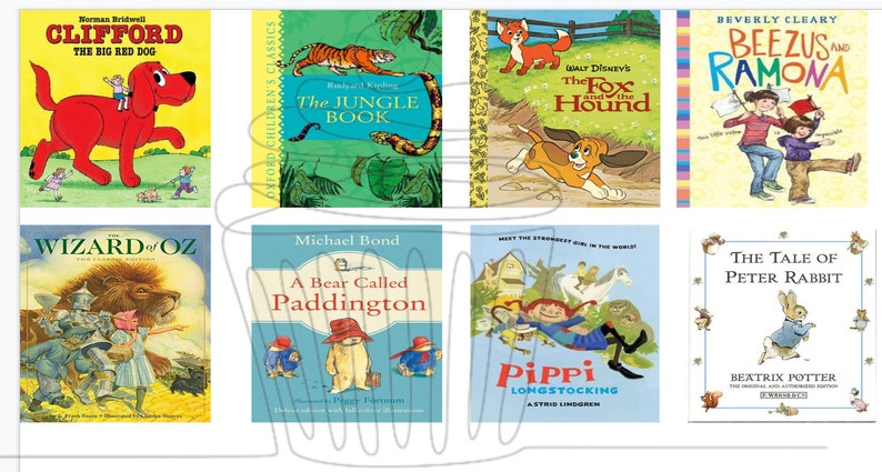 Op de afbeelding: Een collage van tien kinderboekomslagen met populaire titels zoals Clifford, de grote rode hond, Het Jungleboek, De Vos en de Hond, De Tovenaar van Oz, Een beer genaamd Paddington, Pippi Langkous, Beezus en Ramona, en Het verhaal van Peter Konijn.