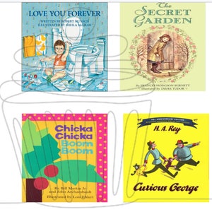 Op de afbeelding: Een collage van kinderboekomslagen met titels als "Goedenacht, Maan", "Ik hou van je voor altijd", "De geheime tuin", "Charlotte's Web", "Madeline", "Chicka Chicka Boom Boom", "Nieuwsgierige George" en "De kleine locomotief die kon".