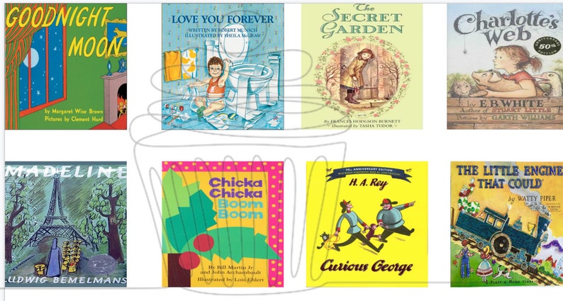 Op de afbeelding: Een collage van kinderboekomslagen met titels als "Goedenacht, Maan", "Ik hou van je voor altijd", "De geheime tuin", "Charlotte's Web", "Madeline", "Chicka Chicka Boom Boom", "Nieuwsgierige George" en "De kleine locomotief die kon".