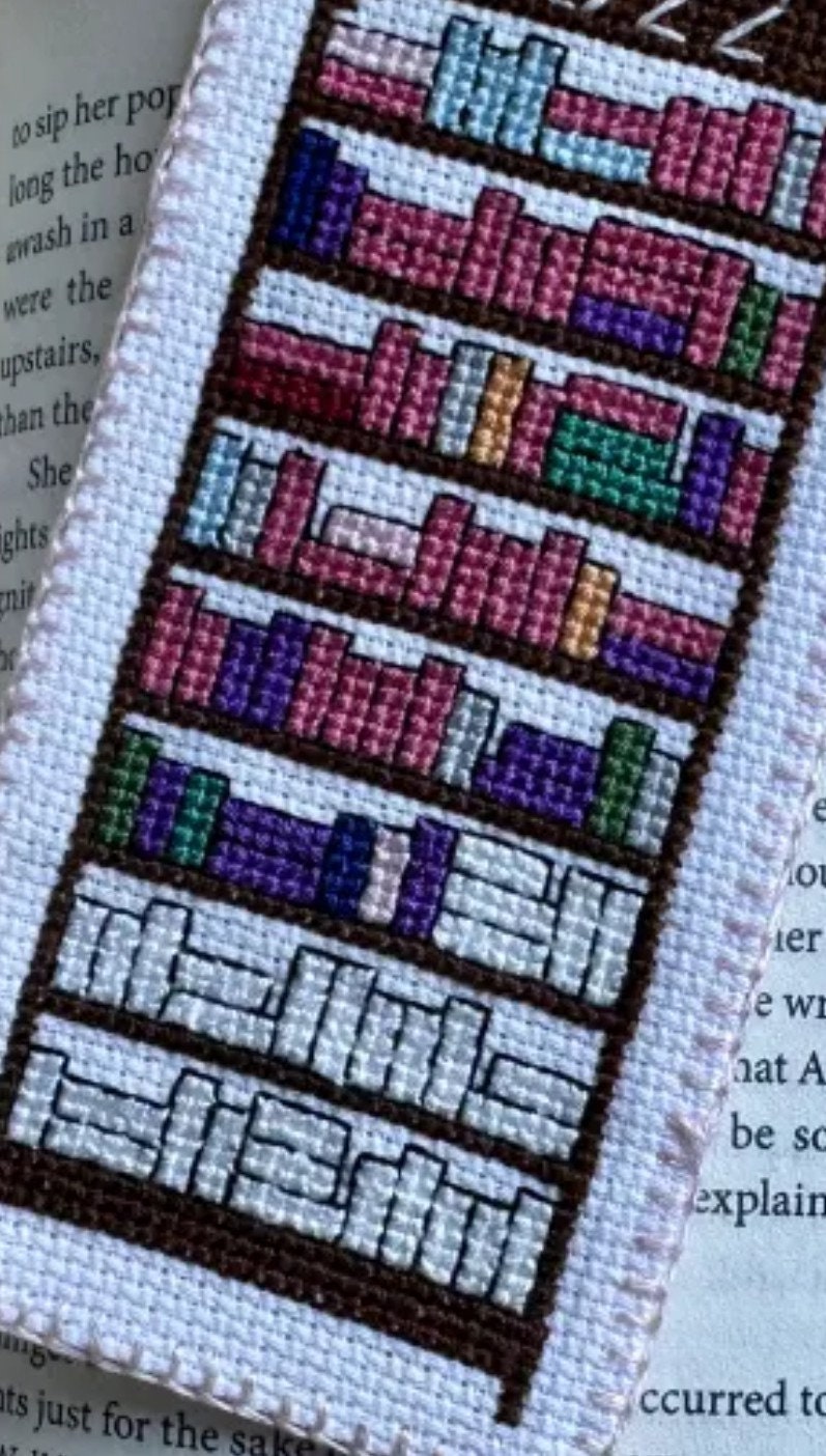 Colourful Bookshelf Cross Stitch Pattern – Midnight Blue