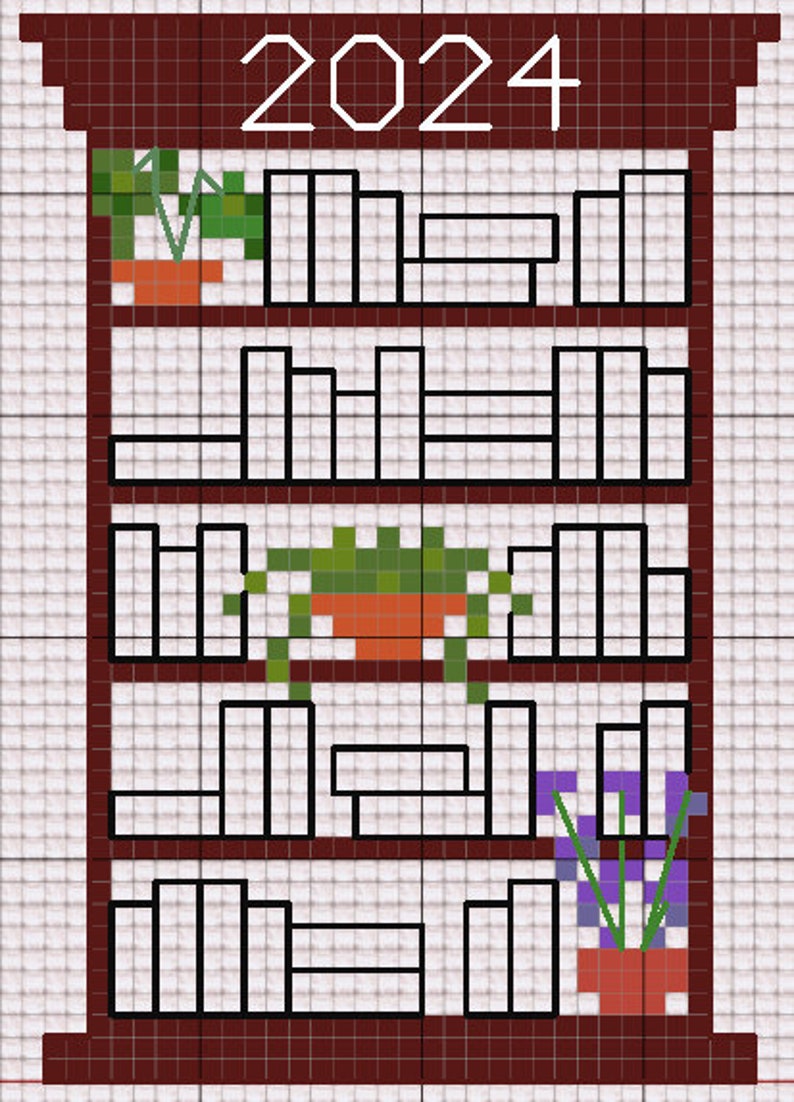 2024 Book Tracker Bookmark Bookshelf With Plants Cross Stitch Pattern