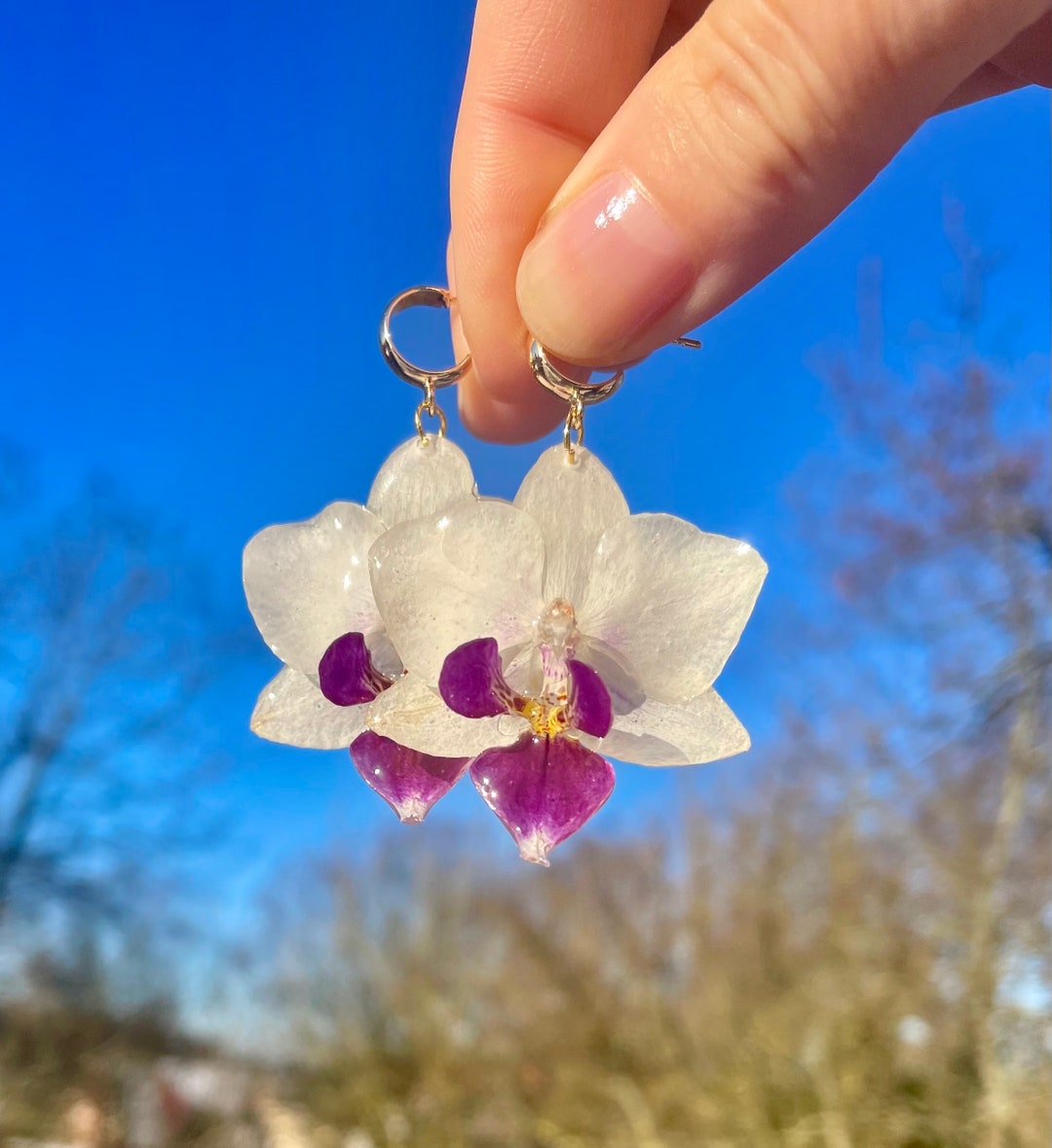 Flower Earrings Real Orchid Hoop Earrings Flowers in Resin Flower