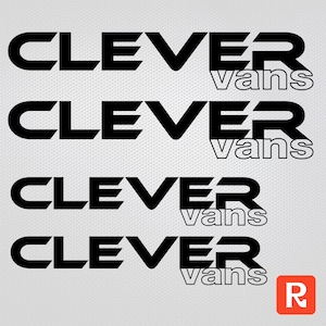 Könnte beinhalten: Schwarz-weißes Logo-Design für ein Unternehmen namens "Clever Vans". Das Logo wird viermal wiederholt, wobei das Wort "Vans" in einer kleineren Schriftgröße unter dem Wort "Clever" erscheint. Das Logo ist vor einem weißen Hintergrund platziert.