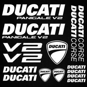 May include: White vinyl decals with the text "DUCATI PANIGALE V2" and the Ducati logo. The decals are designed for motorcycles.