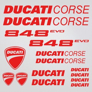 May include: Red and white Ducati Corse motorcycle decals with the text "DUCATI CORSE", "848 EVO", and "DUCATI" repeated multiple times.