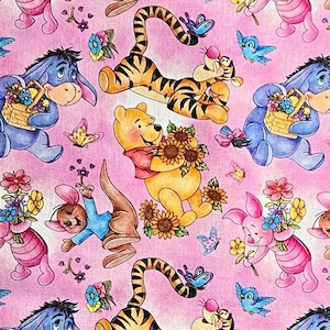 May include: A pink background with a repeating pattern of cartoon characters including Winnie the Pooh, Tigger, Eeyore, Piglet, and Roo. The characters are holding flowers and butterflies are flying around them.