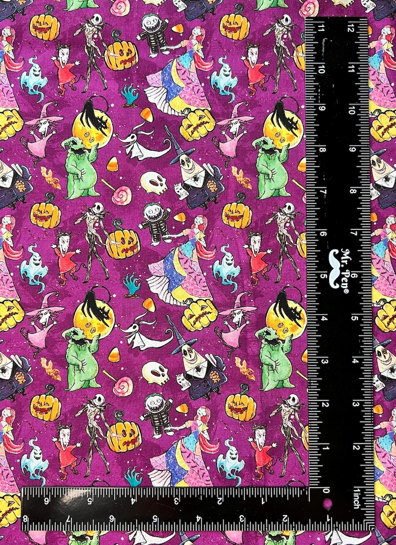 May include: Purple fabric with a repeating pattern of characters from the Nightmare Before Christmas and The Grinch. The characters include Jack Skellington, Sally, Zero, and the Grinch. There are also pumpkins, candy corn, and other Halloween-themed imagery.