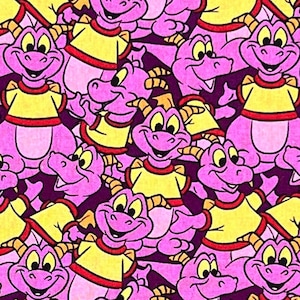 May include: A repeating pattern of purple cartoon dragons wearing yellow shirts with red trim. The dragons have yellow horns and big smiles.