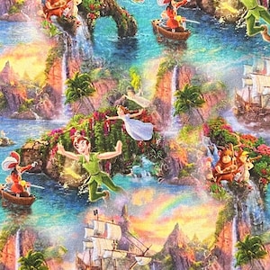 May include: A colorful illustration of Peter Pan and Captain Hook in a tropical setting. The image features a pirate ship, a waterfall, and lush greenery. Peter Pan is flying through the air, while Captain Hook is on his ship.