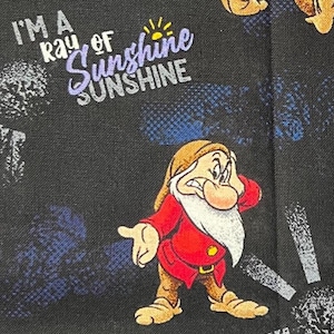 May include: Black fabric featuring a cartoon image of a dwarf in a red coat and a white beard. The text "I'm a ray of sunshine" is written in purple and white. The background has blue and white abstract shapes.