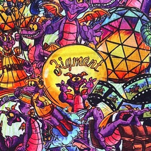 May include: A colorful illustration of a purple dragon with a yellow, orange, and red background. The dragon is holding a yellow balloon with the word "Figment" written on it. The illustration is filled with other dragons and various objects, including a film reel, a diamond, and a light bulb.