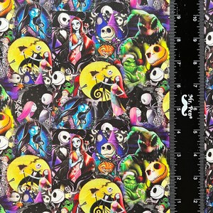 May include: A colorful fabric with a repeating pattern of characters from the Nightmare Before Christmas. The fabric features Jack Skellington, Sally, Oogie Boogie, and other characters from the film. The fabric is black with bright colors, including green, yellow, purple, and red.