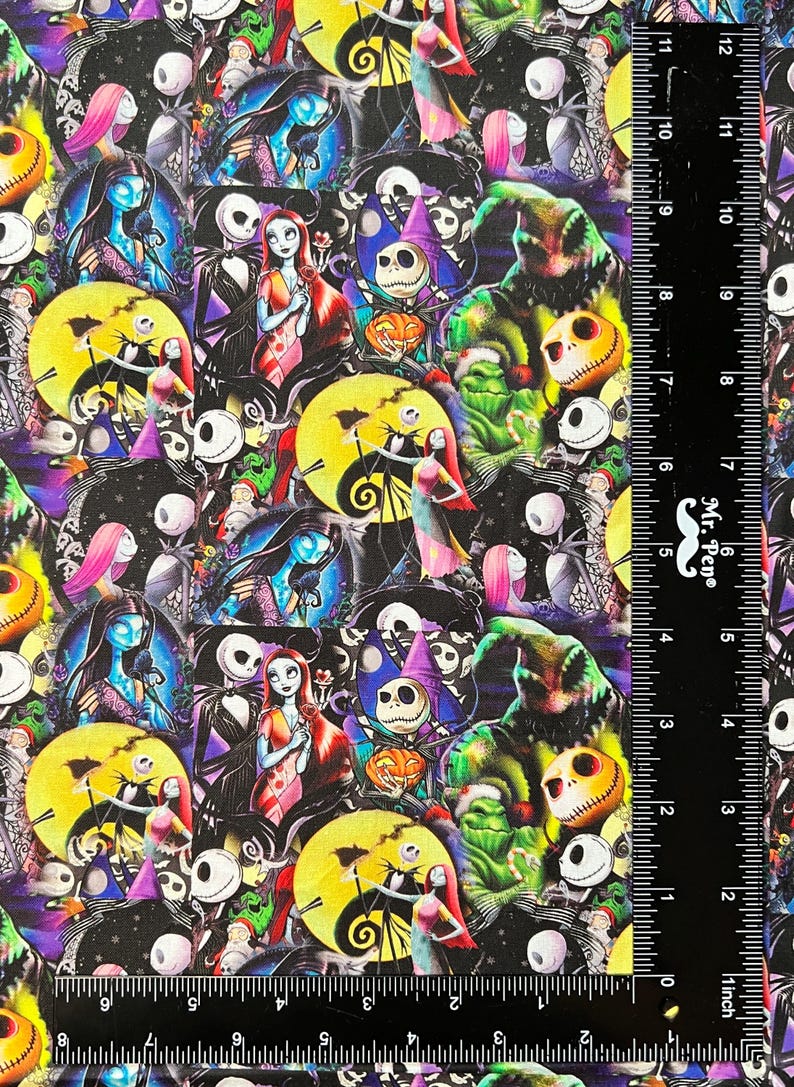 May include: A colorful fabric with a repeating pattern of characters from the Nightmare Before Christmas. The fabric features Jack Skellington, Sally, Oogie Boogie, and other characters from the film. The fabric is black with bright colors, including green, yellow, purple, and red.
