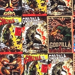 May include: A collage of vintage Godzilla movie posters. The posters feature Godzilla in various poses, with bold text and vibrant colors. Some posters include Japanese text. The overall aesthetic is retro and eye-catching.