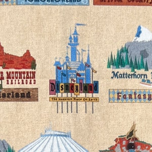 May include: A vintage-style illustration of Disneyland park, featuring iconic attractions like the Matterhorn, Sleeping Beauty Castle, and Space Mountain. The text "Disneyland" is displayed in a colorful sign with the tagline "The Happiest Place On Earth".