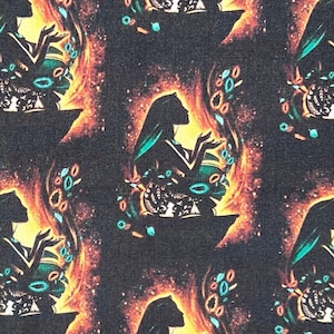 May include: A repeating pattern of a dark silhouette of a woman with flowing hair and a teal dress, surrounded by a swirling orange and yellow glow. The background is a dark blue with a subtle speckled texture.