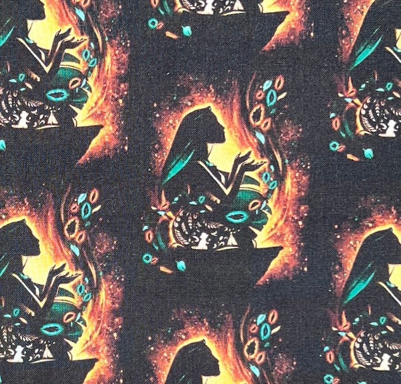 May include: A repeating pattern of a dark silhouette of a woman with flowing hair and a teal dress, surrounded by a swirling orange and yellow glow. The background is a dark blue with a subtle speckled texture.