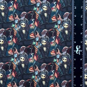 May include: A repeating pattern fabric featuring a cartoon couple, Jack Skellington and Sally from the Nightmare Before Christmas movie. The fabric is dark blue with red, green, and orange accents.