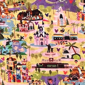 May include: A colorful illustration of a map of a theme park. The map features a castle, a train, a river, and various other attractions. The map is drawn in a cartoon style and is set against a light pink background.