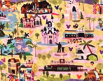 Disney World Magic Kingdom Park Map Attractions Remnants | 100% Cotton Fabric
