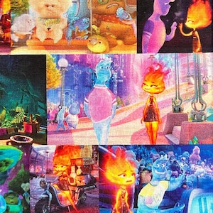 May include: A colorful collage featuring characters from the animated film 'Soul'. The characters are depicted in various scenes, including a cityscape, a park, and a concert hall. The characters are all vibrant and expressive, with a variety of colors and textures.