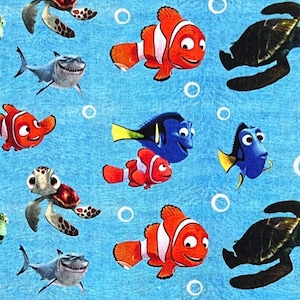 May include: A blue background with various cartoon characters from the movie Finding Nemo. There are two orange and white clownfish, a blue tang fish, a green sea turtle, a shark, and a seahorse.