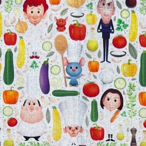 May include: A colorful fabric with a repeating pattern of cartoon characters, vegetables, and kitchen utensils. The characters include a chef, a mouse, and a man with a mustache. The vegetables include tomatoes, peppers, zucchini, and eggplant. The kitchen utensils include a wooden spoon and a salt shaker.