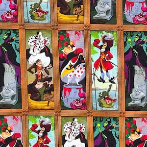 May include: Fabric featuring framed portraits of Disney villains, including Cruella de Vil, the Queen of Hearts, and Captain Hook. The portraits are set against a background of other Disney-themed elements.