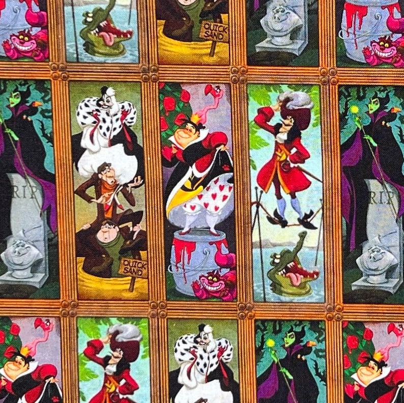 May include: Fabric featuring framed portraits of Disney villains, including Cruella de Vil, the Queen of Hearts, and Captain Hook. The portraits are set against a background of other Disney-themed elements.
