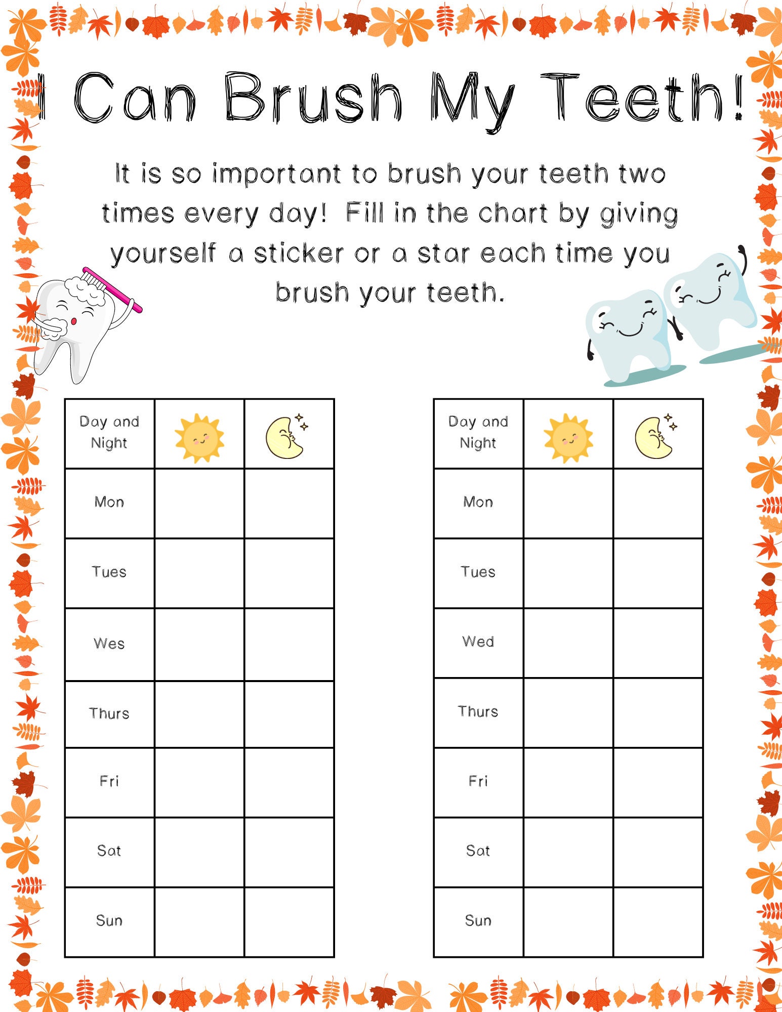 Tooth Brushing Chart Reward Chart for Kids Sticker Chart for Etsy