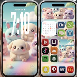 Puede incluir: Dos smartphones que muestran una escena de playa de dibujos animados con animales en colores pastel. Una pantalla muestra un tema de conejitos y cachorros, la otra tiene iconos de aplicaciones y un calendario de junio. La hora es 7:10 AM, martes 8 de septiembre.