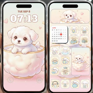 May include: A phone screen displays a cute puppy in a teacup, with a soft pink and white color scheme. The lock screen shows the date and time. The home screen features puppy-themed app icons and a June calendar.