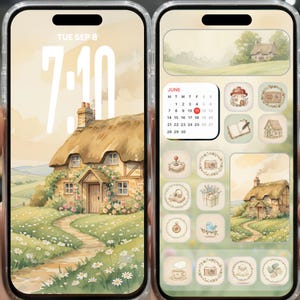 Peut inclure: Un écran de téléphone affiche une esthétique cottagecore avec une illustration à l'aquarelle d'un cottage au toit de chaume, d'un chemin et de fleurs sauvages. L'écran de verrouillage affiche la date et l'heure. L'écran d'accueil présente des icônes d'applications et un calendrier de juin.
