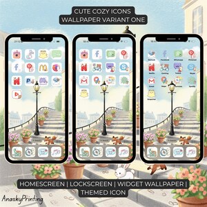 May include: Three smartphone screens displaying a themed icon set. The screens show a whimsical design with a street scene, lamp posts, and flower pots. The text at the top reads "CUTE COZY ICONS WALLPAPER VARIANT ONE". The bottom text reads "HOMESCREEN | LOCKSCREEN | WIDGET WALLPAPER | THEMED ICON".