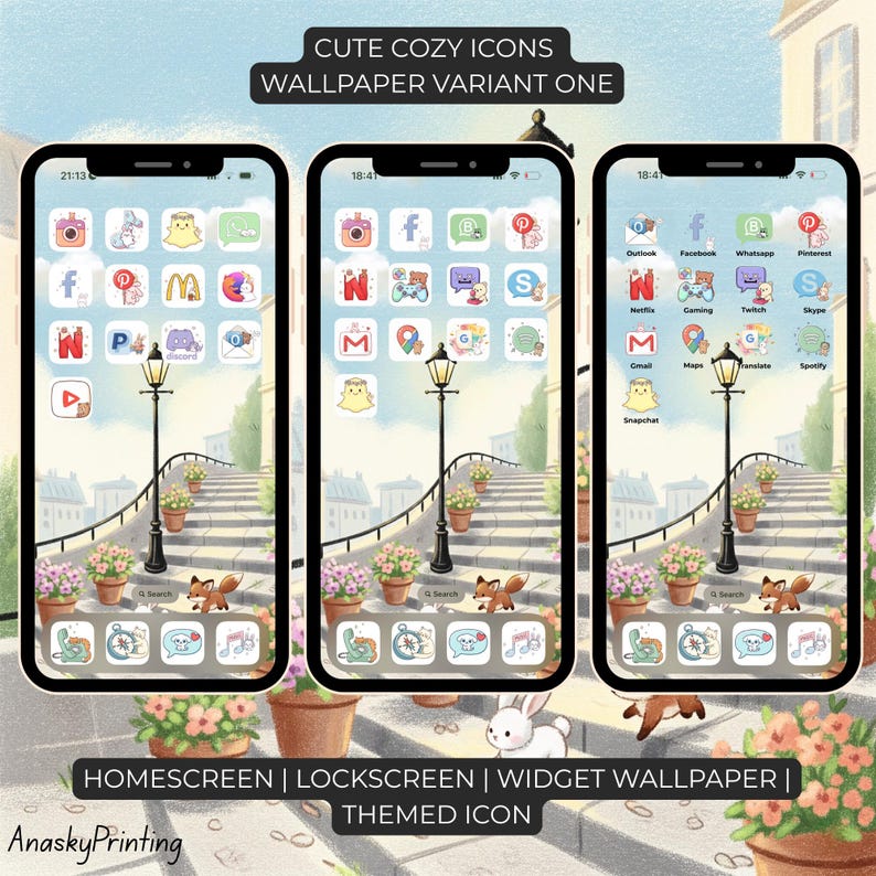 May include: Three smartphone screens displaying a themed icon set. The screens show a whimsical design with a street scene, lamp posts, and flower pots. The text at the top reads "CUTE COZY ICONS WALLPAPER VARIANT ONE". The bottom text reads "HOMESCREEN | LOCKSCREEN | WIDGET WALLPAPER | THEMED ICON".