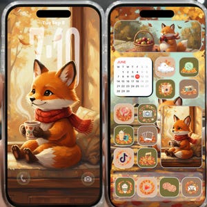 Puede incluir: Una pantalla de teléfono muestra un tema otoñal acogedor. La pantalla de bloqueo presenta un zorro de dibujos animados con una bufanda roja, sosteniendo una taza. La pantalla de inicio muestra iconos de aplicaciones con un zorro y hojas de otoño.