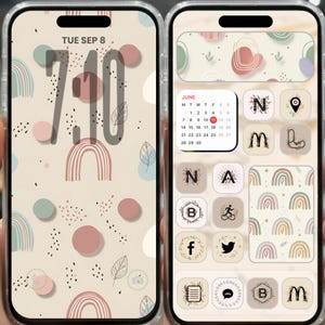 May include: A smartphone screen displays a custom home screen with a pastel rainbow theme. The lock screen shows the time and date. The app icons are in a matching style, with a calendar widget showing June.