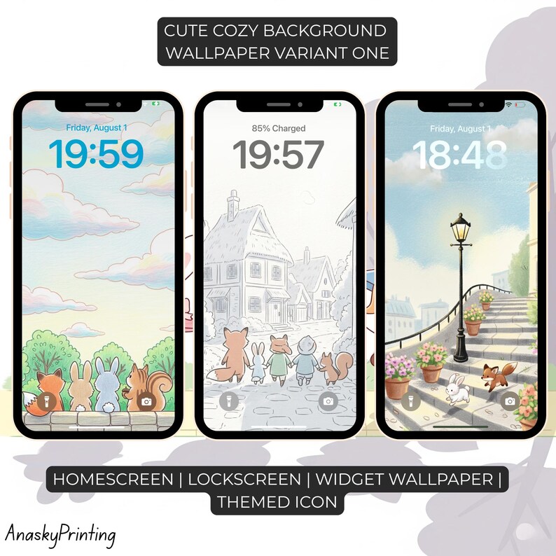 May include: Three smartphone screens displaying cute, cozy background wallpapers. The wallpapers feature cartoon animals, houses, and a street scene. The text on the screens includes the time and the words "CUTE COZY BACKGROUND WALLPAPER VARIANT ONE", "HOMESCREEN | LOCKSCREEN | WIDGET WALLPAPER | THEMED ICON", and "AnaskyPrinting".