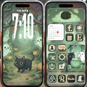 May include: Two phone screens with a Halloween theme. One shows a forest scene with ghosts, pumpkins, and a black cat. The other features app icons, a calendar, and a sleeping cat on a cloud. The time is 7:10.