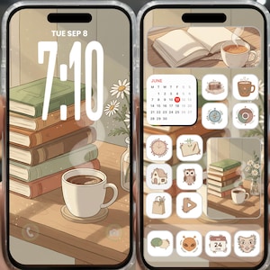以下が含まれることがあります： 本、コーヒー、デイジーが描かれた、居心地の良い美学の携帯電話の画面。9月8日火曜日の午前7時10分。ホーム画面にはアプリのアイコンと6月のカレンダーが表示されています。