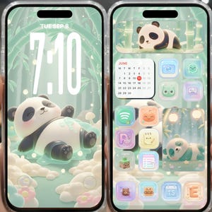 May include: Two smartphones displaying a panda bear theme. One shows a panda on a cloud with the time 7:10 and the date Tue Sep 8. The other shows a panda, a calendar, and app icons. The theme is pastel green and white.