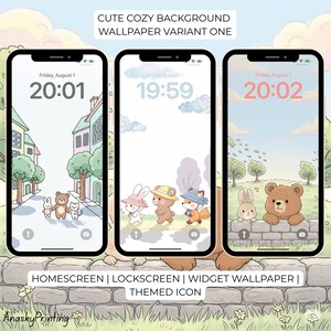 May include: Three smartphones displaying cute, cozy wallpapers. The wallpapers feature cartoon animals, including a bear, bunny, and fox, with a pastel color scheme. Text at the top reads "CUTE COZY BACKGROUND WALLPAPER VARIANT ONE". The bottom text says "HOMESCREEN | LOCKSCREEN | WIDGET WALLPAPER | THEMED ICON".