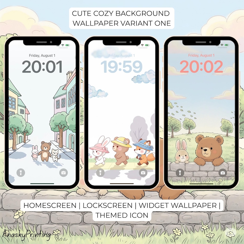 May include: Three smartphones displaying cute, cozy wallpapers. The wallpapers feature cartoon animals, including a bear, bunny, and fox, with a pastel color scheme. Text at the top reads "CUTE COZY BACKGROUND WALLPAPER VARIANT ONE". The bottom text says "HOMESCREEN | LOCKSCREEN | WIDGET WALLPAPER | THEMED ICON".