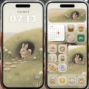 May include: A smartphone displays a nature-themed home screen with a bunny and mushroom graphics. The lock screen shows the date and time. The app icons are designed with similar illustrations, including a calendar for June.