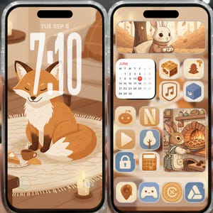 May include: A phone screen displays a custom home screen with a fox illustration, a calendar, and app icons. The lock screen shows a fox with a cup of tea. The home screen features a rabbit in a forest scene and a calendar for June.