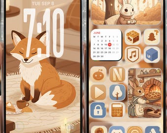 Pack d'icônes et de widgets d'application Automne – iOS, Android, iPad, iPhone – Fonds d'écran esthétiques confortables, renard, tarte aux pommes, icône automne, thème d'icônes de l'application iOS 26