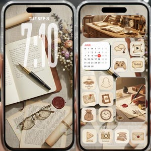 May include: A phone screen displays a vintage-themed aesthetic. One side shows a notebook, pen, glasses, and flowers. The other side features app icons, a calendar, and a writing scene. The time is 7:10 on Tuesday, September 8.