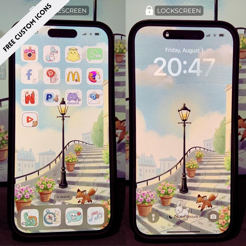 May include: Two smartphones displaying custom home and lock screens. The home screen shows app icons with a whimsical illustration of a street scene with a lamppost, stairs, and flower pots. The lock screen shows the time and date.