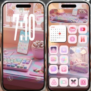 Op de afbeelding: Een telefoonscherm toont een pastelroze en blauwe esthetiek. Het vergrendelscherm toont de tijd en datum, met een toetsenbord en telefoonhoesje in dezelfde kleurstelling. Het startscherm heeft aangepaste app-pictogrammen en een kalender voor juni.